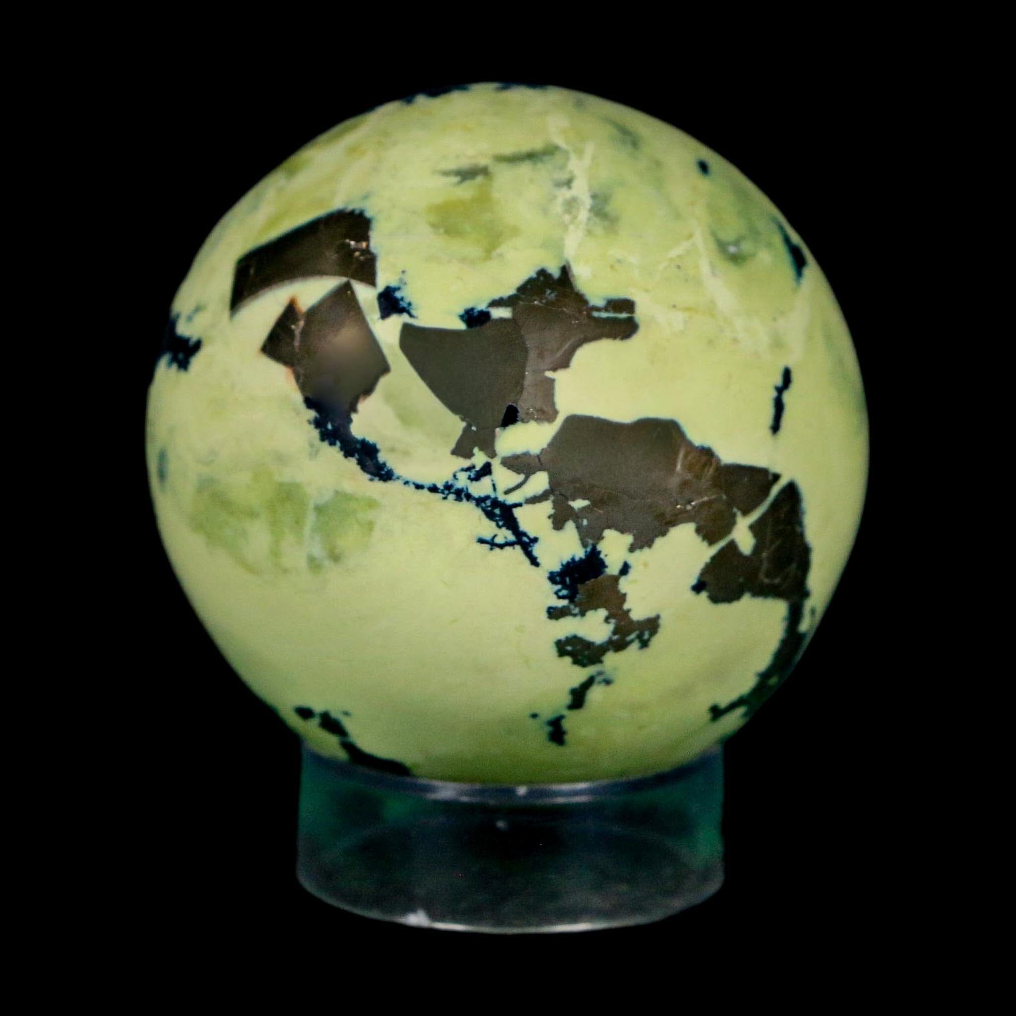 XL 52MM Natural Green & Yellow Serpentine Pyrite Sphere Ball Orb Peru Stand - Fossil Age Minerals