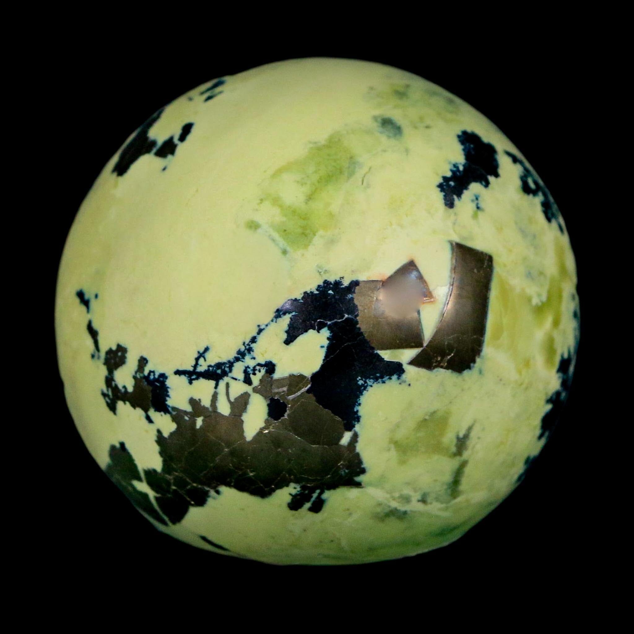 XL 52MM Natural Green & Yellow Serpentine Pyrite Sphere Ball Orb Peru Stand - Fossil Age Minerals