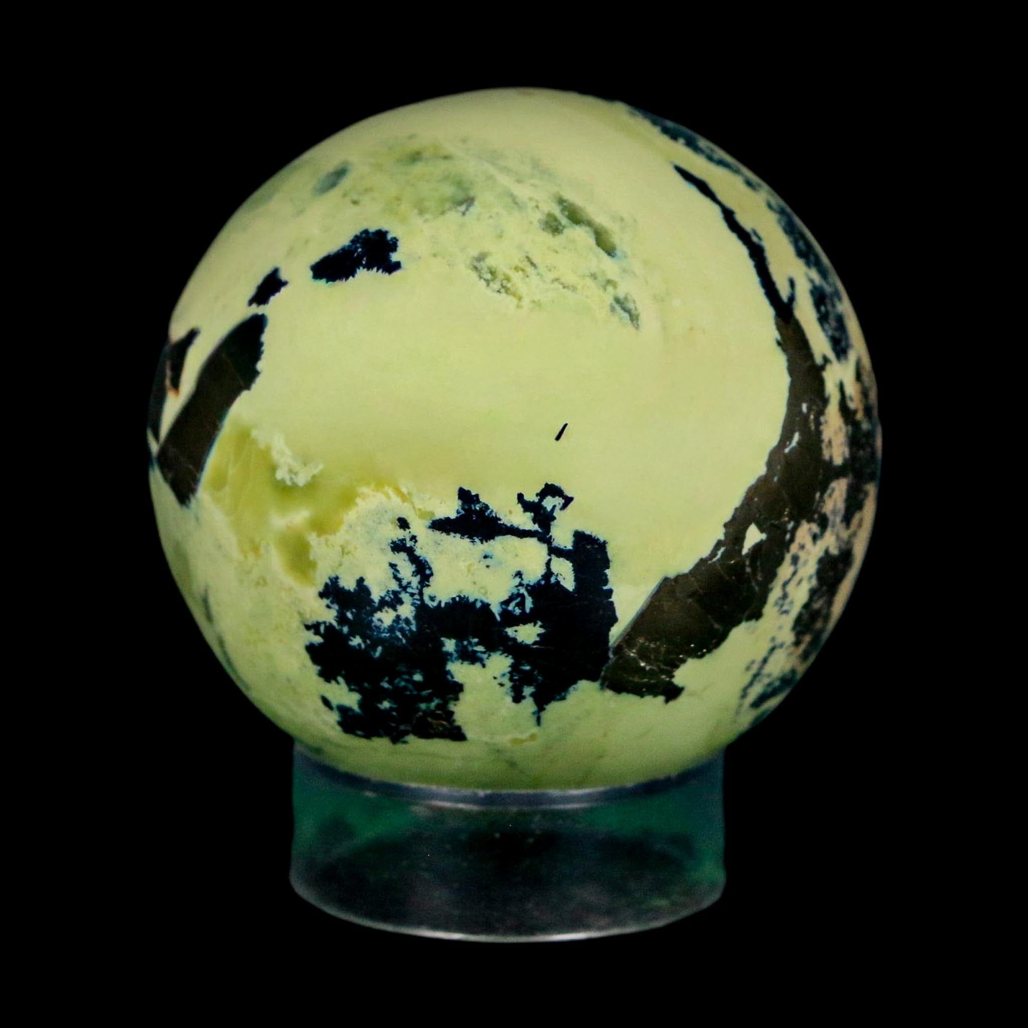 XL 52MM Natural Green & Yellow Serpentine Pyrite Sphere Ball Orb Peru Stand - Fossil Age Minerals