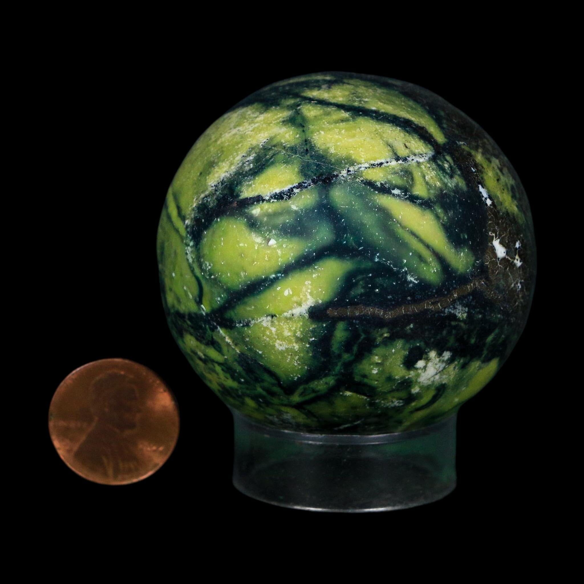 XL 52MM Natural Green & Yellow Serpentine Pyrite Sphere Ball Orb Peru Stand - Fossil Age Minerals