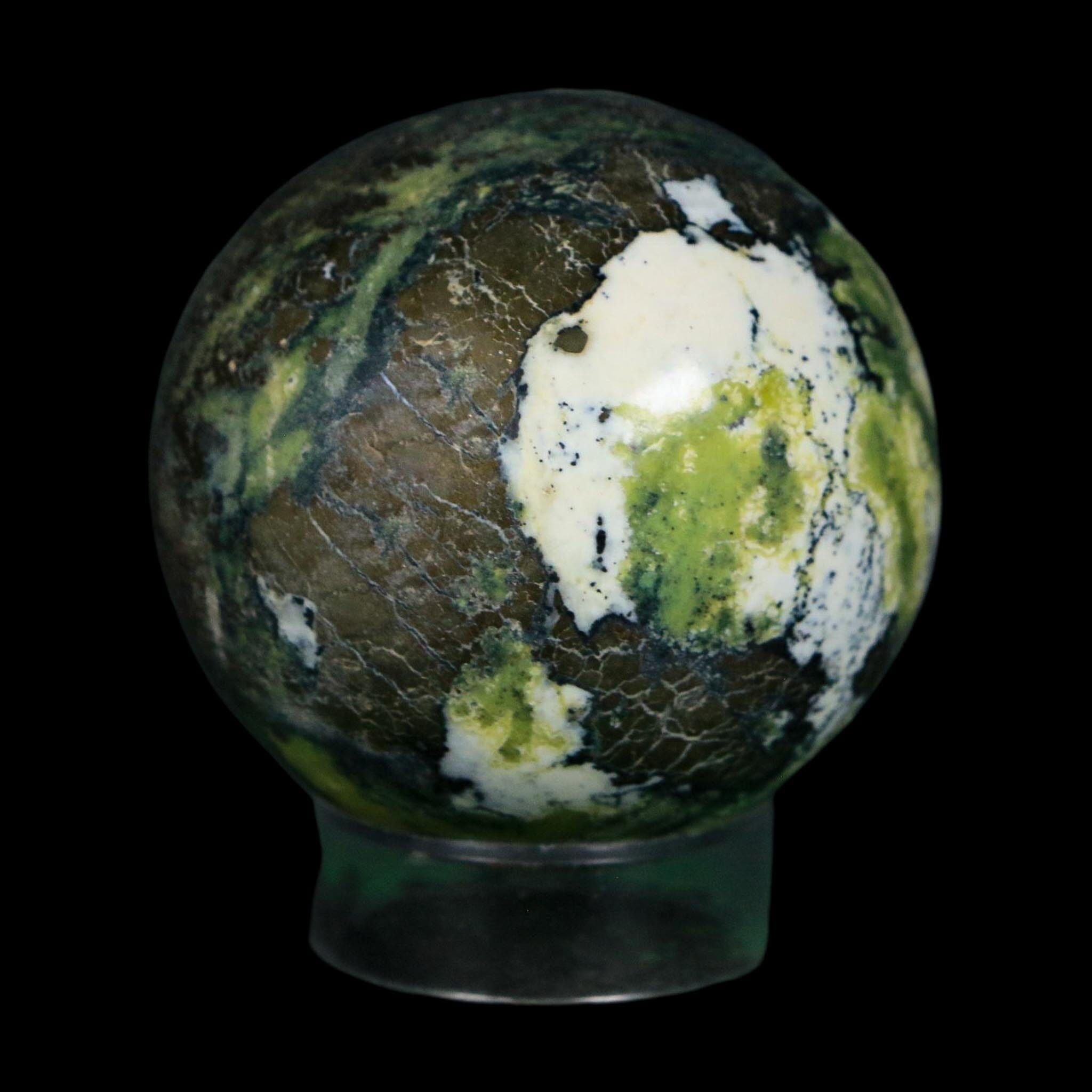 XL 52MM Natural Green & Yellow Serpentine Pyrite Sphere Ball Orb Peru Stand - Fossil Age Minerals