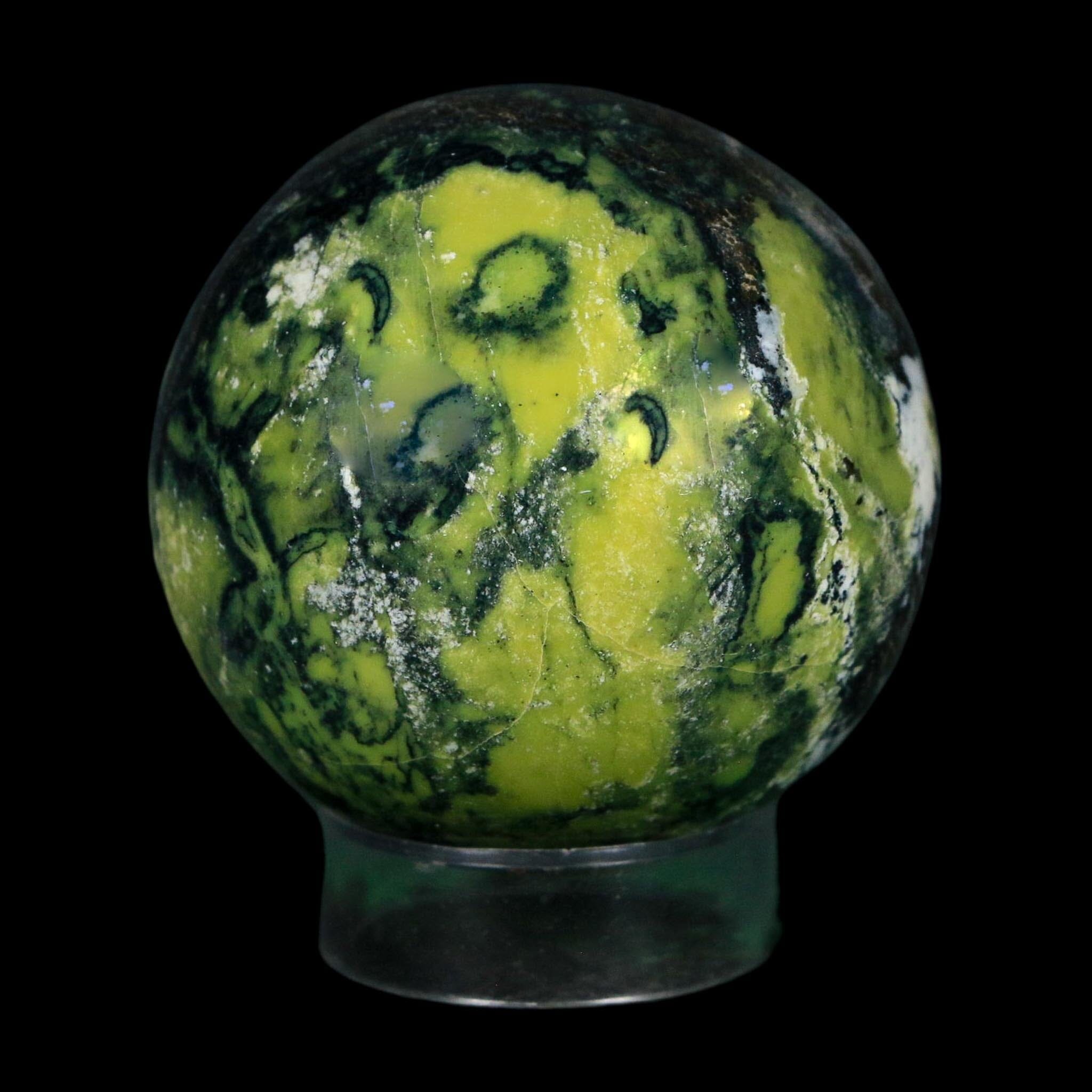 XL 52MM Natural Green & Yellow Serpentine Pyrite Sphere Ball Orb Peru Stand - Fossil Age Minerals