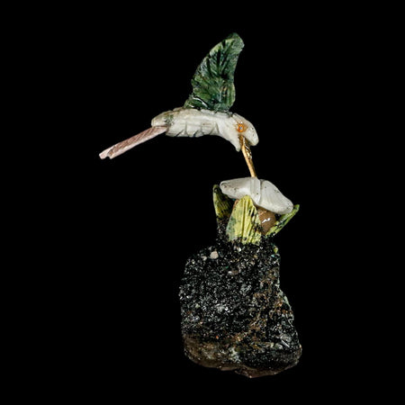 3.6" Hand Carved Bird Perched on Quartz, Black Tourmaline Crystals Hummingbird Peru