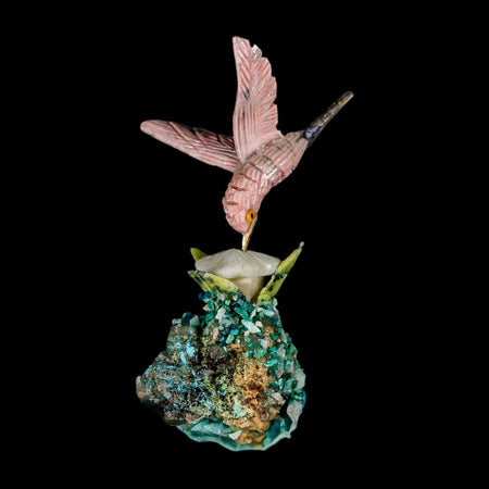 3.7" Hand Carved Bird Perched on Quartz, Malachite Crystals Hummingbird Peru
