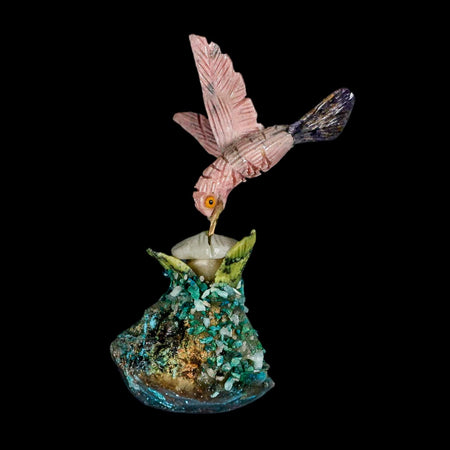 3.7" Hand Carved Bird Perched on Quartz, Malachite Crystals Hummingbird Peru