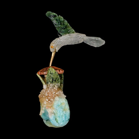 3.9" Hand Carved Bird Perched on Amazonite, Quartz Crystals Hummingbird Peru