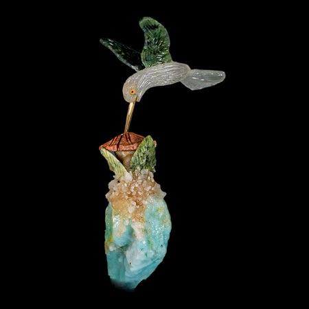 3.9" Hand Carved Bird Perched on Amazonite, Quartz Crystals Hummingbird Peru