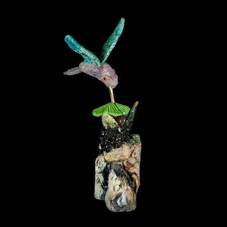 3.9" Hand Carved Bird Perched on Serpentine, Quartz Crystals Hummingbird Peru