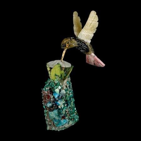 3.9" Hand Carved Bird Perched on Malachite, Quartz Crystals Hummingbird Peru