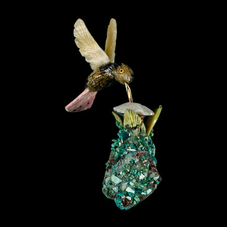 3.9" Hand Carved Bird Perched on Malachite, Quartz Crystals Hummingbird Peru