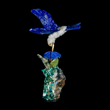 3.8" Hand Carved Bird Perched on Malachite, Quartz Crystals Hummingbird Peru
