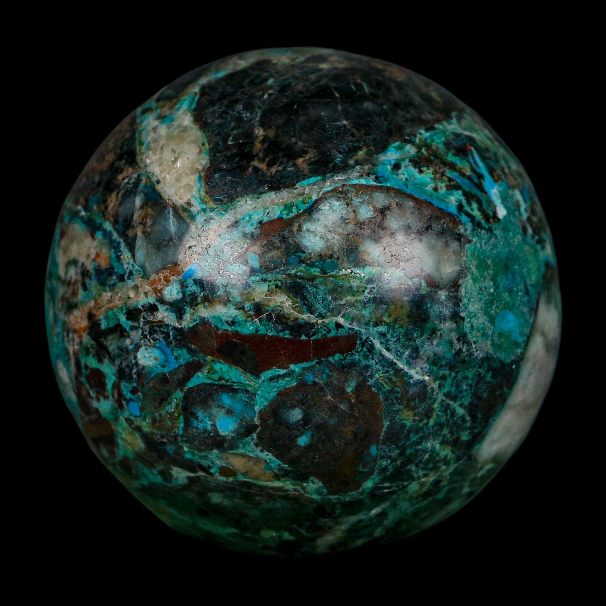 XL 61MM Polished Chrysocolla, Malachite, Crystal Mineral Sphere Peru - Fossil Age Minerals