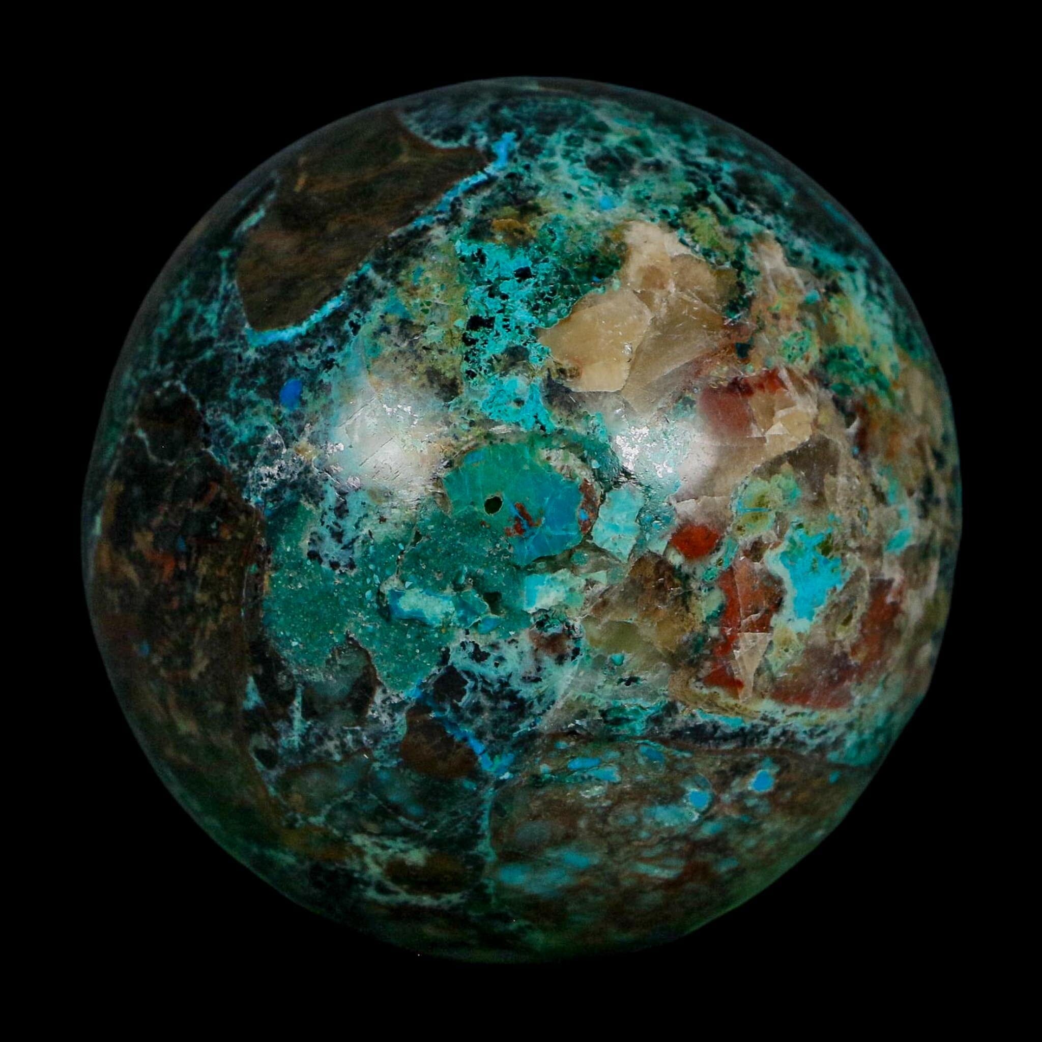 XL 60MM Polished Chrysocolla, Malachite, Crystal Mineral Sphere Peru - Fossil Age Minerals