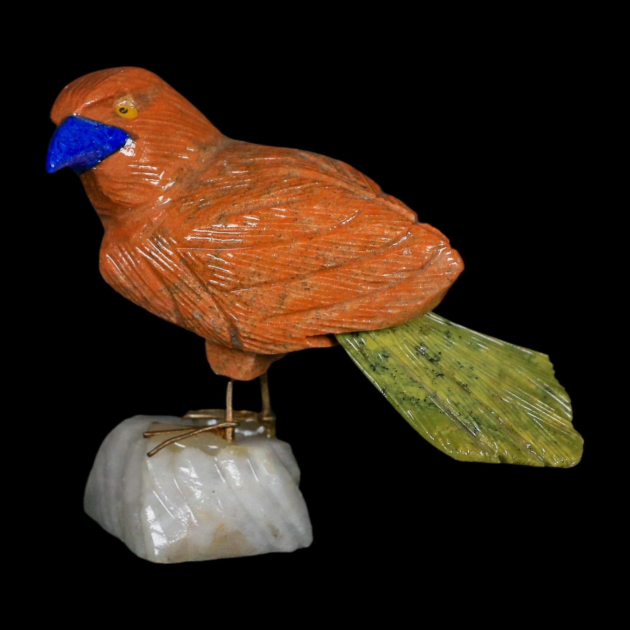 3.9" Hand Carved Bird Perched on White Calcite, Serpentine, Sodalite Peru - Fossil Age Minerals