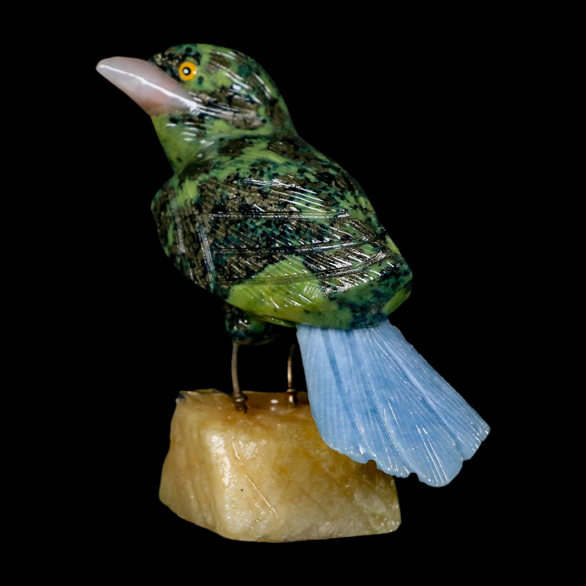 3.8" Hand Carved Bird Perched on Yellow Calcite, Blue Calcite, Serpentine Peru - Fossil Age Minerals