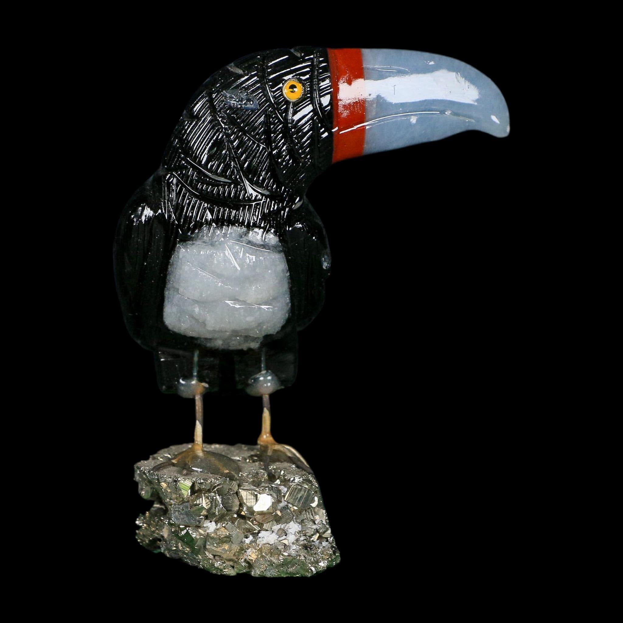 4.9" Hand Carved Tucan Perched on Pyrite, Back Calcite, And Blue Calcite Peru - Fossil Age Minerals