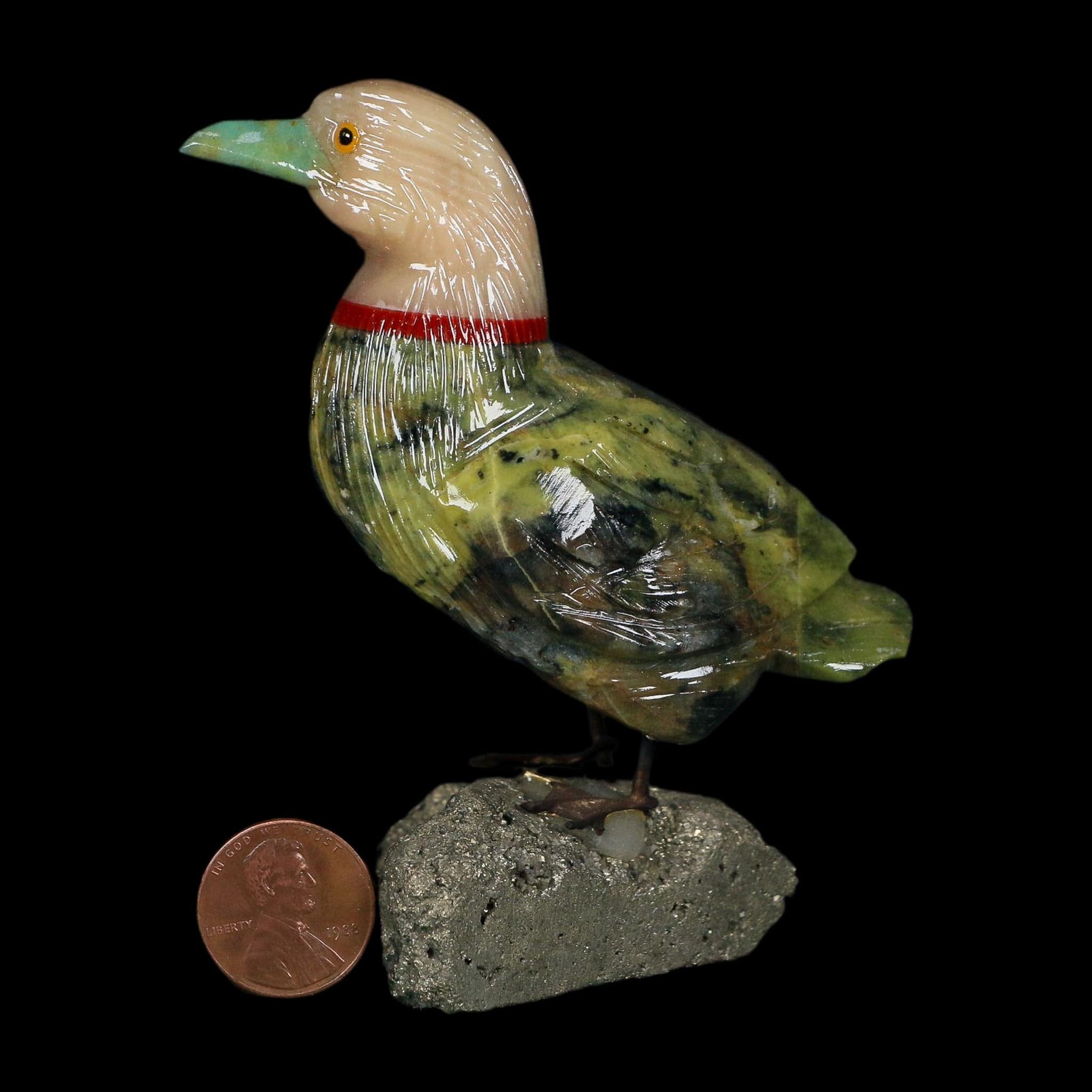 3.7" Hand Carved Duck Perched on Pyrite, Serpentine, And Red Calcite Peru - Fossil Age Minerals