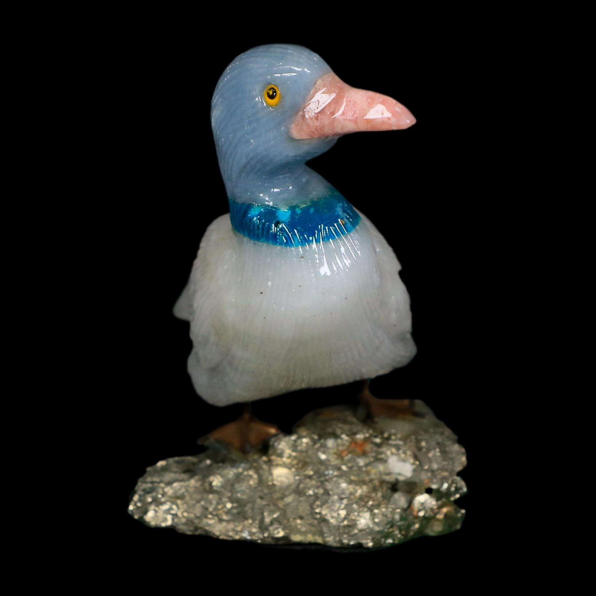 3.8" Hand Carved Duck Perched on Pyrite, White Calcite, And Blue Calcite Peru - Fossil Age Minerals