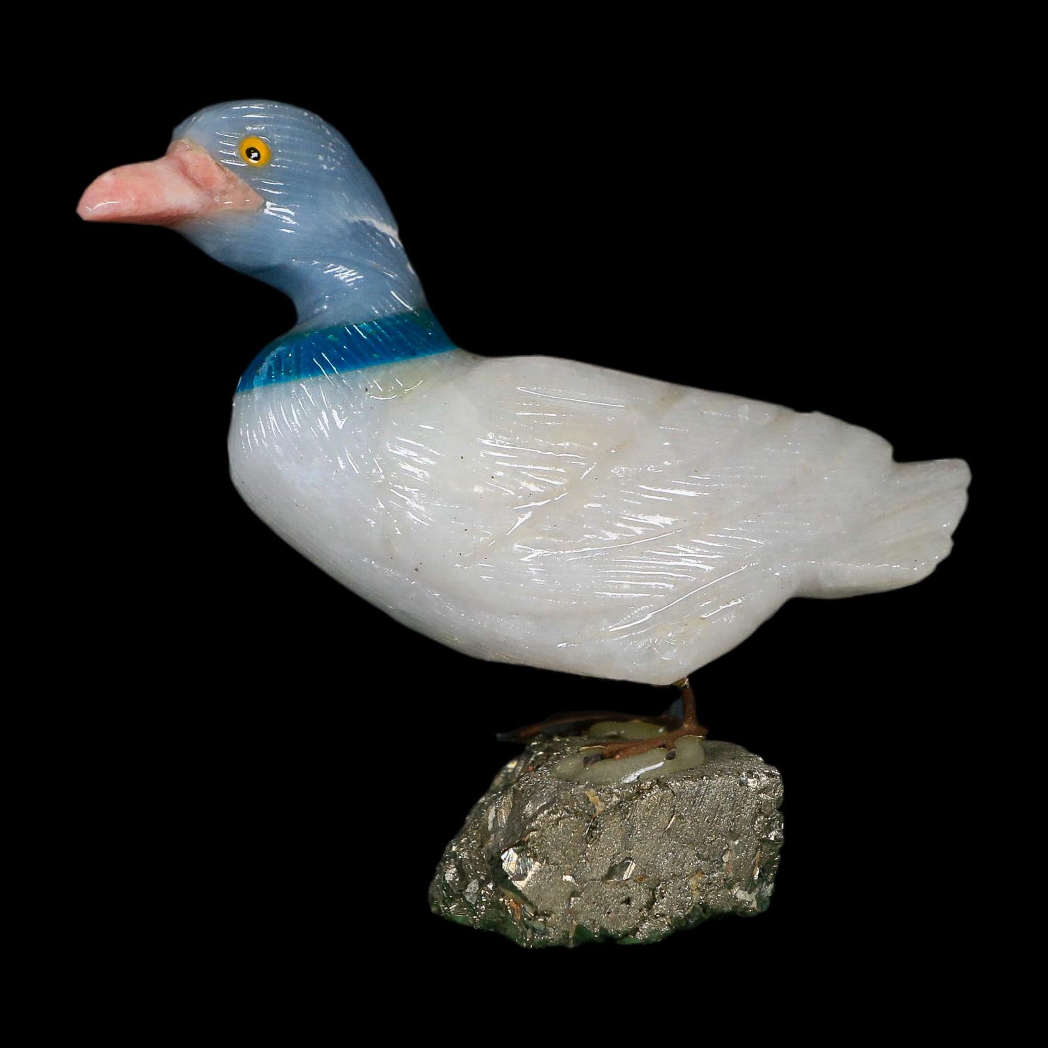 3.8" Hand Carved Duck Perched on Pyrite, White Calcite, And Blue Calcite Peru - Fossil Age Minerals