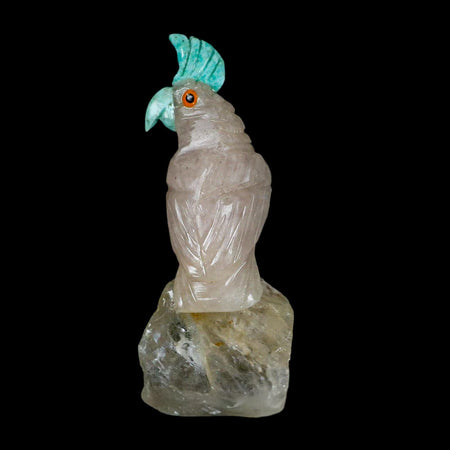 3.5" Hand Carved Bird Perched on Quartz Crystal Parrot Green, White Calcite Peru