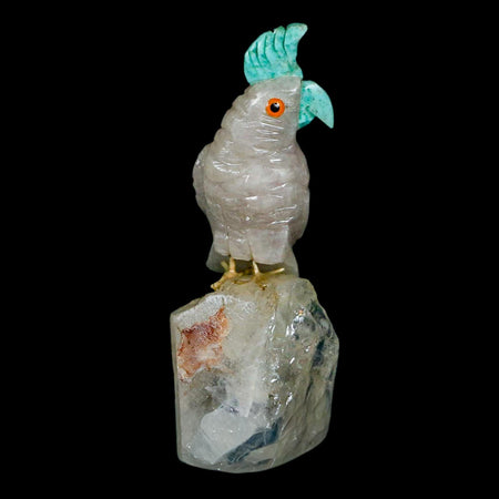 3.5" Hand Carved Bird Perched on Quartz Crystal Parrot Green, White Calcite Peru