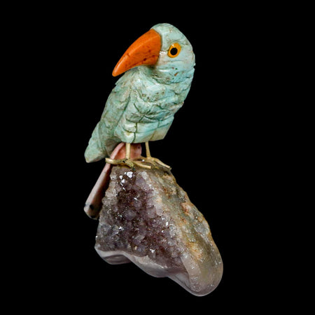 2.8" Hand Carved Bird Perched on Quartz Crystal Parrot Green Calcite Peru