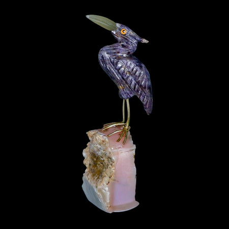 3.6" Hand Carved Bird Perched on Calcite Shore Bird, Pink Calcite, Amethyst Peru