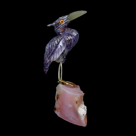 3.6" Hand Carved Bird Perched on Calcite Shore Bird, Pink Calcite, Amethyst Peru
