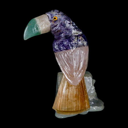 2.8" Hand Carved Bird Perched on Quartz Crystal Toucan Pink Calcite, Amethyst Peru