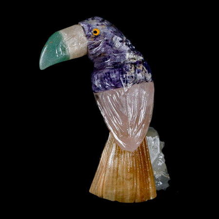 2.8" Hand Carved Bird Perched on Quartz Crystal Toucan Pink Calcite, Amethyst Peru