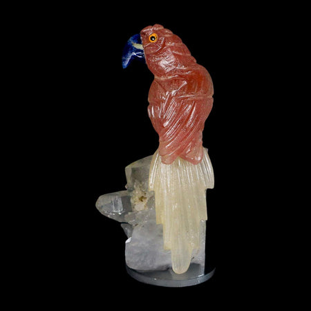 3.8" Hand Carved Bird Perched on Quartz Crystal Parrot Pink, White Calcite Peru