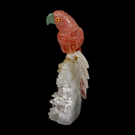 4.2" Hand Carved Bird Perched on Quartz Crystal Parrot Pink, White Calcite Peru