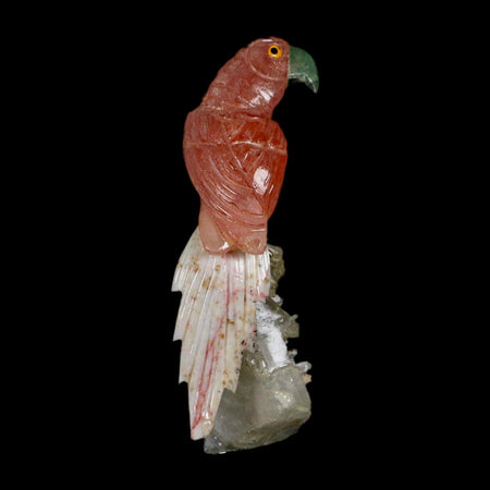 4.2" Hand Carved Bird Perched on Quartz Crystal Parrot Pink, White Calcite Peru