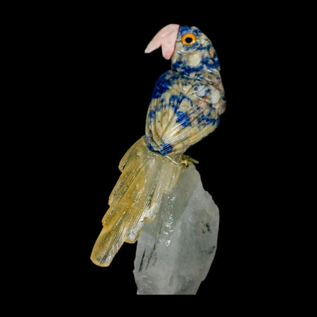 3.6" Hand Carved Bird Perched on Crystal Crystal Parrot Sodalite, Yellow Calcite Peru