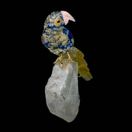 3.6" Hand Carved Bird Perched on Crystal Crystal Parrot Sodalite, Yellow Calcite Peru