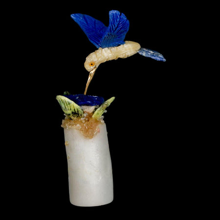 3.6" Hand Carved Bird Perched on Crystal Quartz Blue Sodalite Calcite Hummingbird Peru