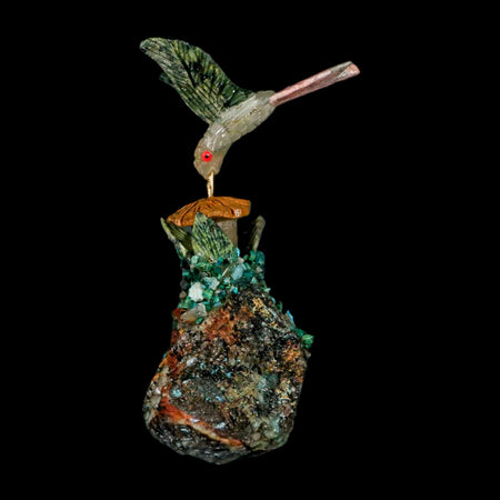 4.1" Hand Carved Bird Perched on Malachite Serpentine White Calcite Hummingbird Peru