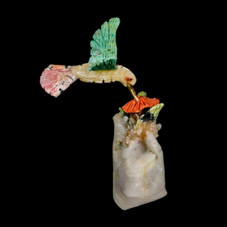 4.1" Hand Carved Bird Perched on Quartz Crystal Amazonite Calcite Hummingbird Peru