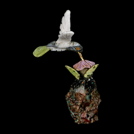 3.9" Hand Carved Bird Perched on Black Tourmaline White Calcite Hummingbird Peru