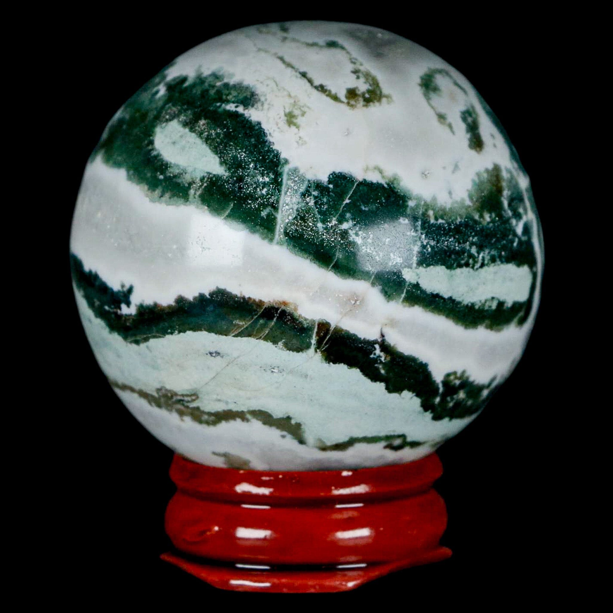 47MM Sardonyx Mineral Specimen Green White Sphere Ball Orb Brazil Stand - Fossil Age Minerals