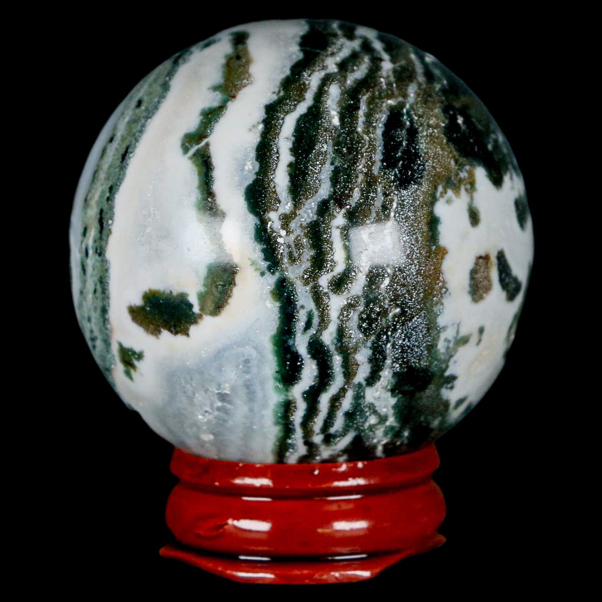 47MM Sardonyx Mineral Specimen Green White Sphere Ball Orb Brazil Stand - Fossil Age Minerals