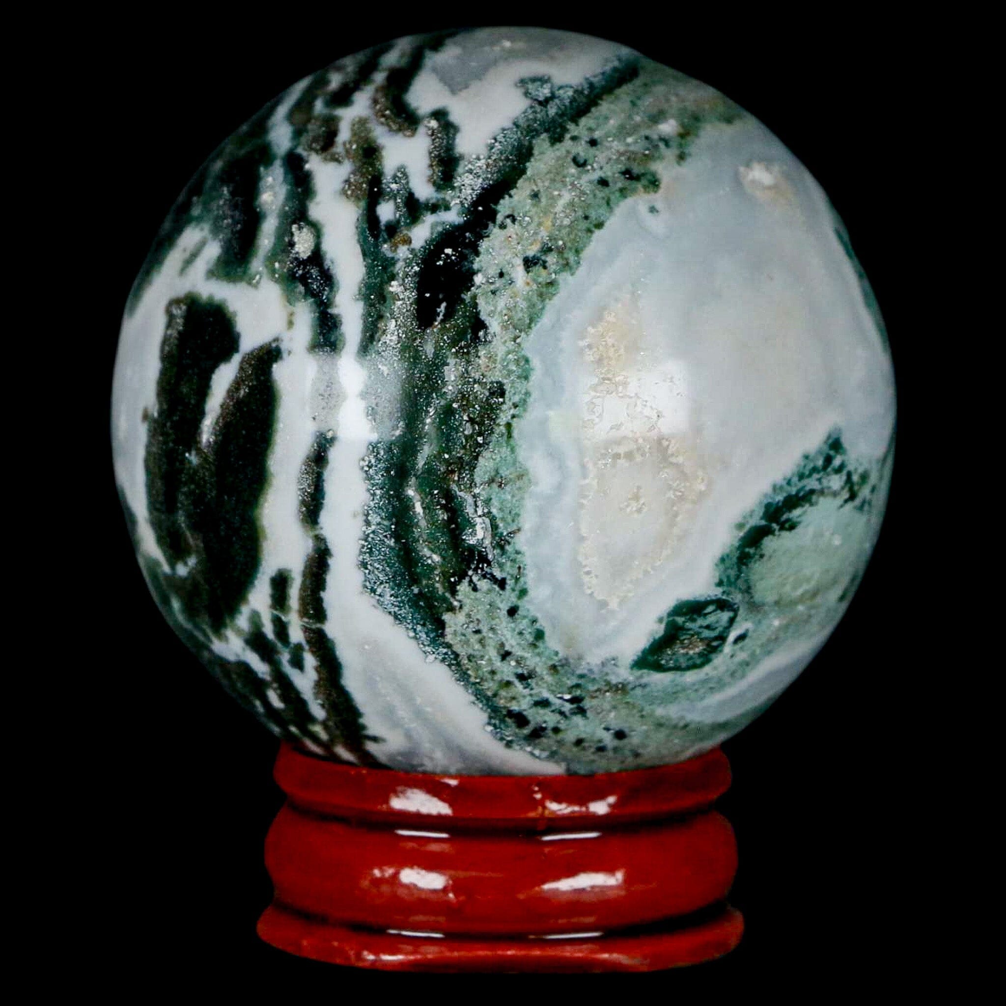 47MM Sardonyx Mineral Specimen Green White Sphere Ball Orb Brazil Stand - Fossil Age Minerals