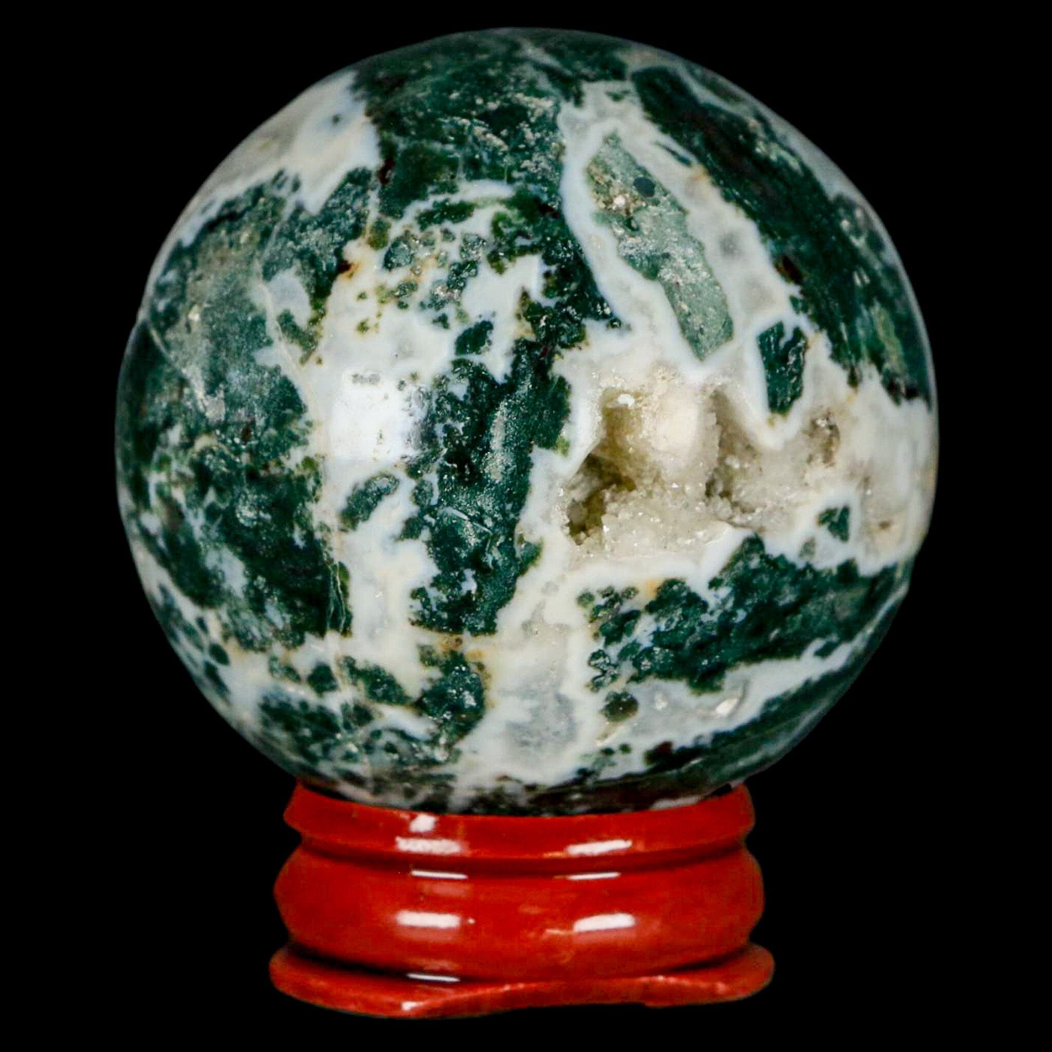 48MM Sardonyx Mineral Specimen Vug Green White Sphere Ball Orb Brazil Stand - Fossil Age Minerals