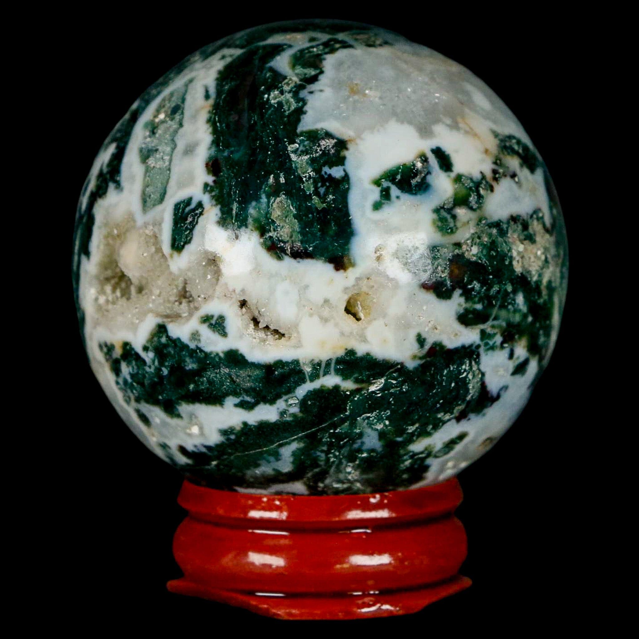 48MM Sardonyx Mineral Specimen Vug Green White Sphere Ball Orb Brazil Stand - Fossil Age Minerals