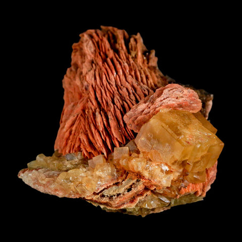 2.7" Yellow Fluorite on Orange Barite Blade Crystals Minerals Taouirirt Morocco - Fossil Age Minerals