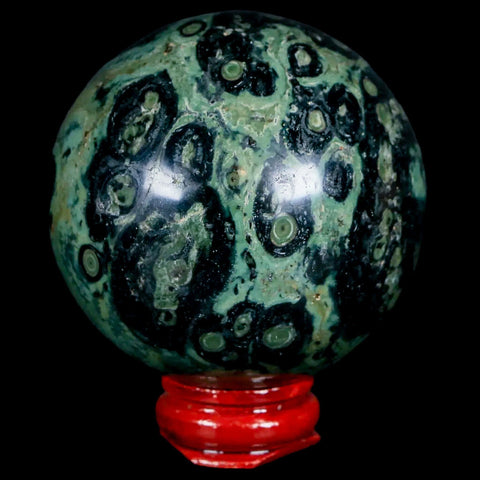XL 57MM Green Eye Kambaba Jasper Sphere Stromatolite Algae Fossil Peacock Stand - Fossil Age Minerals