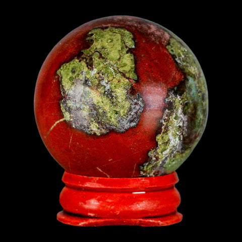 42MM Polished Natural Dragon Blood Jasper Sphere, Ball, Orb Australia Stand - Fossil Age Minerals