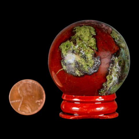 42MM Polished Natural Dragon Blood Jasper Sphere, Ball, Orb Australia Stand - Fossil Age Minerals