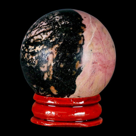 40MM Natural Rhodonite Mineral Crystal Sphere, Ball, Orb Peru Rosewood Stand