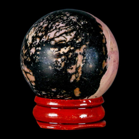 40MM Natural Rhodonite Mineral Crystal Sphere, Ball, Orb Peru Rosewood Stand - Fossil Age Minerals